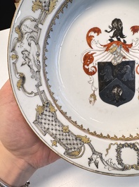 A pair of Chinese armorial soup plates with the arms of Saunders for the English market, Qianlong, ca. 1745