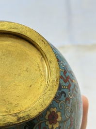 A Chinese cloisonn&eacute; and jade 'Da Ji 大吉 and Tian Xi 天喜' double-gourd vase and stand , 19/20th C.