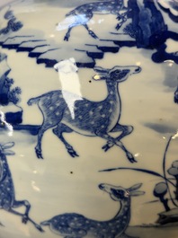 A Chinese blue and white '100 Deers' 'Zun' vase on wooden stand, Kangxi mark, 19th C.