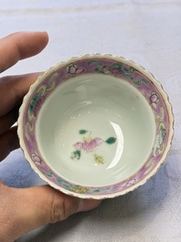 Five Chinese famille rose 'Phoenix and Peony' cups and three saucers for the Peranakan market, Qianlong, Guangxu and Zhou Shunxing 周順興 marks, Republic