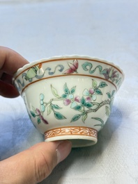 Five Chinese famille rose 'Phoenix and Peony' cups and three saucers for the Peranakan market, Qianlong, Guangxu and Zhou Shunxing 周順興 marks, Republic