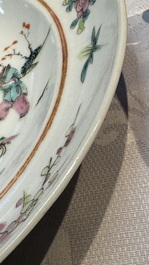 A Chinese qianjiang cai dish and a plate, two famille rose plates and a saucer, Chenghua, Yongzheng and Guangxu marks, 19th C.