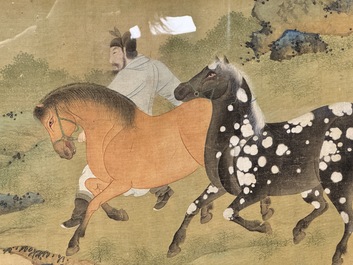 Chinese school: 'Bathing Horses 浴馬圖', ink and colour on silk, 19th C.