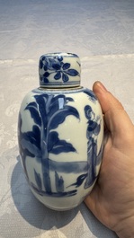 A Chinese blue and white 'Long Eliza' tea caddy and cover, Chenghua mark, Kangxi