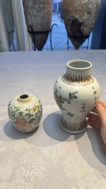 A Chinese wucai 'Poem' vase and a 'Peony scroll' jar, signed Hui An 卉菴, Kangxi