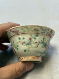 Five Chinese famille rose 'Phoenix and Peony' cups and three saucers for the Peranakan market, Qianlong, Guangxu and Zhou Shunxing 周順興 marks, Republic