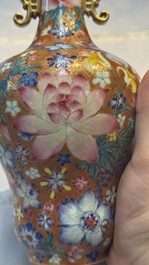 A pair of Chinese famille rose 'Millefleur' vases, Qianlong mark, Republic