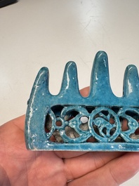Three Chinese verte biscuit and turquoise-glazed brush rests, Kangxi and later
