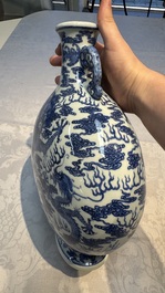 A Chinese blue and white moonflask vase with dragons, 'bianhu', Qianlong mark, Republic