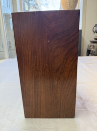 A Chinese claire-de-lune handled vase, with a wooden stand and its original hongmu box, Yongzheng mark, Republic