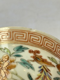 Five Chinese famille rose 'Phoenix and Peony' cups and three saucers for the Peranakan market, Qianlong, Guangxu and Zhou Shunxing 周順興 marks, Republic