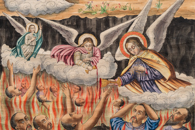 Belgian Catholic missionaries in China: 'Temporary Suffering of Souls', ink and colour print on paper, 19th C.