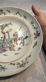 A Chinese qianjiang cai dish and a plate, two famille rose plates and a saucer, Chenghua, Yongzheng and Guangxu marks, 19th C.