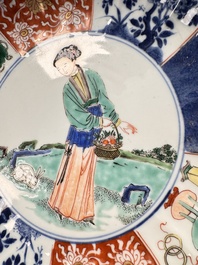 A rare pair of Chinese famille verte lobed plates with elegant ladies, Kangxi
