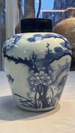 A Chinese blue and white 'Three Friends of Winter' jar with an openworked wooden cover, Transitional period