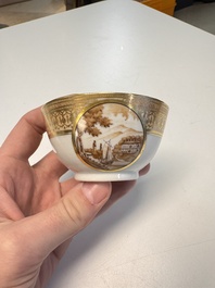 A pair of Chinese gilt-decorated sepia 'Riverscape' cups and saucers, Jiaqing