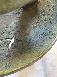 An inscribed Chinese archaic bronze food vessel and stand, You Pan Ding 有盤鼎, Western Zhou