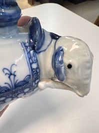 Two Chinese blue and white recumbent elephant-form candlesticks, Jiaqing