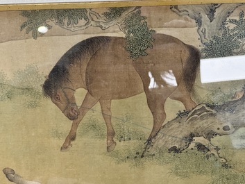 Chinese school: 'Bathing Horses 浴馬圖', ink and colour on silk, 19th C.