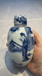 A Chinese blue and white 'Long Eliza' tea caddy and cover, Chenghua mark, Kangxi
