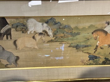 Chinese school: 'Bathing Horses 浴馬圖', ink and colour on silk, 19th C.