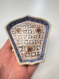 A Chinese famille rose nine-piece 'Plum Blossoms' sweetmeat set on a wooden tray, 19th C.