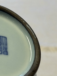 A Chinese claire-de-lune handled vase, with a wooden stand and its original hongmu box, Yongzheng mark, Republic