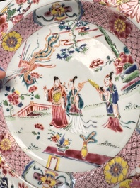 A Chinese famille rose 'Chui Xiao Yin Feng 吹簫引鳳' plate and a Canton famille rose tankard with figural design, Yongzheng/Qianlong