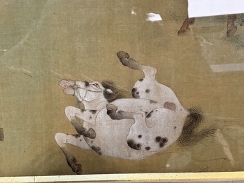 Chinese school: 'Bathing Horses 浴馬圖', ink and colour on silk, 19th C.