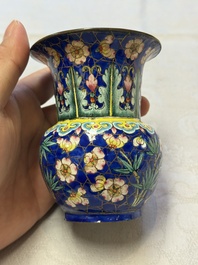 A Chinese Canton enamel 'Prunus on Cracked Ice' spittoon and two snuff dishes, 19th C.