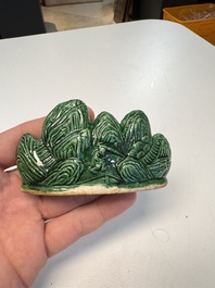 Three Chinese verte biscuit and turquoise-glazed brush rests, Kangxi and later