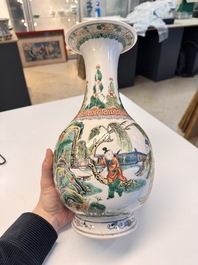 A pair of Chinese famille verte vases with narrative design, 19th C.