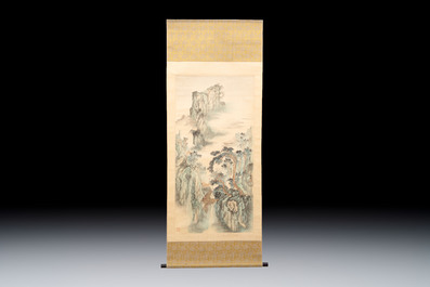 After Shen Quan 瀋銓(1682-1760): 'Cranes', ink and colour on silk, 20th C., and Chinese school: 'Mountainous Landscape' ink and colour on silk, 20th C.