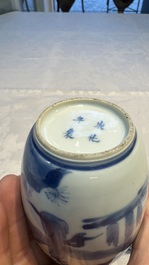A Chinese blue and white 'Long Eliza' tea caddy and cover, Chenghua mark, Kangxi