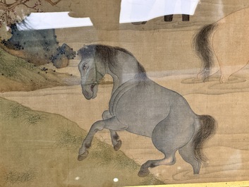 Chinese school: 'Bathing Horses 浴馬圖', ink and colour on silk, 19th C.