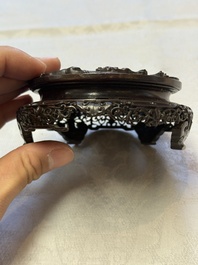 A Chinese claire-de-lune handled vase, with a wooden stand and its original hongmu box, Yongzheng mark, Republic