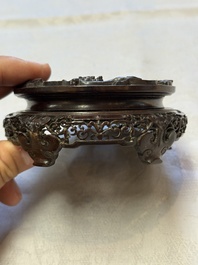 A Chinese claire-de-lune handled vase, with a wooden stand and its original hongmu box, Yongzheng mark, Republic