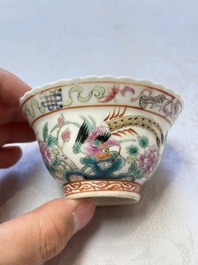 Five Chinese famille rose 'Phoenix and Peony' cups and three saucers for the Peranakan market, Qianlong, Guangxu and Zhou Shunxing 周順興 marks, Republic