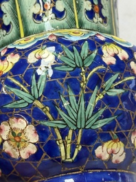 A Chinese Canton enamel 'Prunus on Cracked Ice' spittoon and two snuff dishes, 19th C.