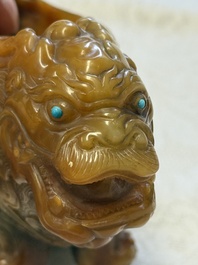 A Chinese precious-stone-inlaid carved soapstone wine vessel on stand, Gong 觥, Republic