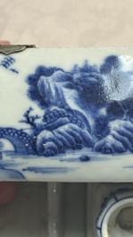 A rare Chinese blue and white 'Mountainous Landscape' writing set with an inkwell, sander and candlestick, Qianlong