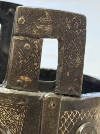 A Korean silver-inlaid iron 'He Lu Tong Chun 鶴鹿同春' tripod censer, Joseon, 18th C.
