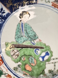 A rare pair of Chinese famille verte lobed plates with elegant ladies, Kangxi