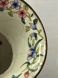 A Chinese Canton enamel 'Prunus on Cracked Ice' spittoon and two snuff dishes, 19th C.