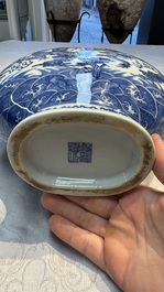 A Chinese blue and white moonflask vase with dragons, 'bianhu', Qianlong mark, Republic