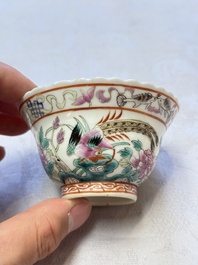 Five Chinese famille rose 'Phoenix and Peony' cups and three saucers for the Peranakan market, Qianlong, Guangxu and Zhou Shunxing 周順興 marks, Republic