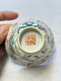 Five Chinese famille rose 'Phoenix and Peony' cups and three saucers for the Peranakan market, Qianlong, Guangxu and Zhou Shunxing 周順興 marks, Republic