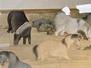 Chinese school: 'Bathing Horses 浴馬圖', ink and colour on silk, 19th C.