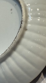 A Chinese qianjiang cai dish and a plate, two famille rose plates and a saucer, Chenghua, Yongzheng and Guangxu marks, 19th C.