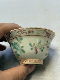 Five Chinese famille rose 'Phoenix and Peony' cups and three saucers for the Peranakan market, Qianlong, Guangxu and Zhou Shunxing 周順興 marks, Republic